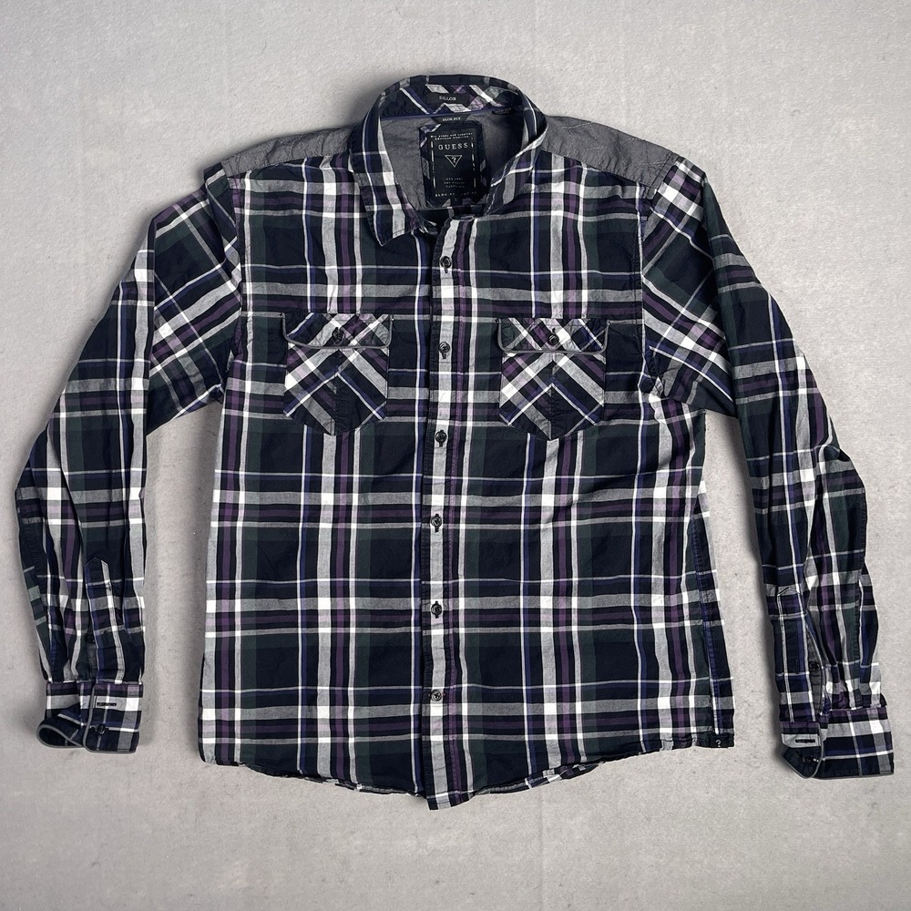 Guess Dillon Button Front Casual Dress Shirt Men Large Plaid Long Sleeve Western